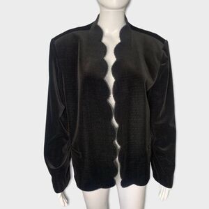 Vintage Accent Blazer Women's Large Scalloped Edge Black Velvet Hipster Jacket